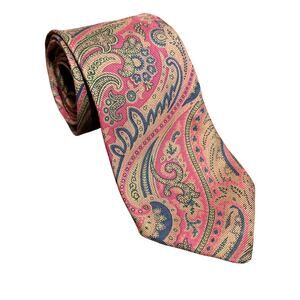 Etro Silk Necktie Brown Pink Blue Tan Paisley Floral Boho Luxury Designer Tie